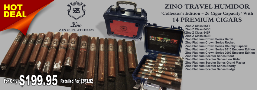 Zino Collector's Edition Travel Humidor by Davidoff with 14 Premium Cigars.  THE DEAL IS HERE:ONE TRAVEL ZINO PLATINUM COLLECTOR'S EDITION HUMIDOR14 PREMIUM ZINO PLATINUM CIGARSFOR ONLY $199.95 RETAILED FOR $373.92